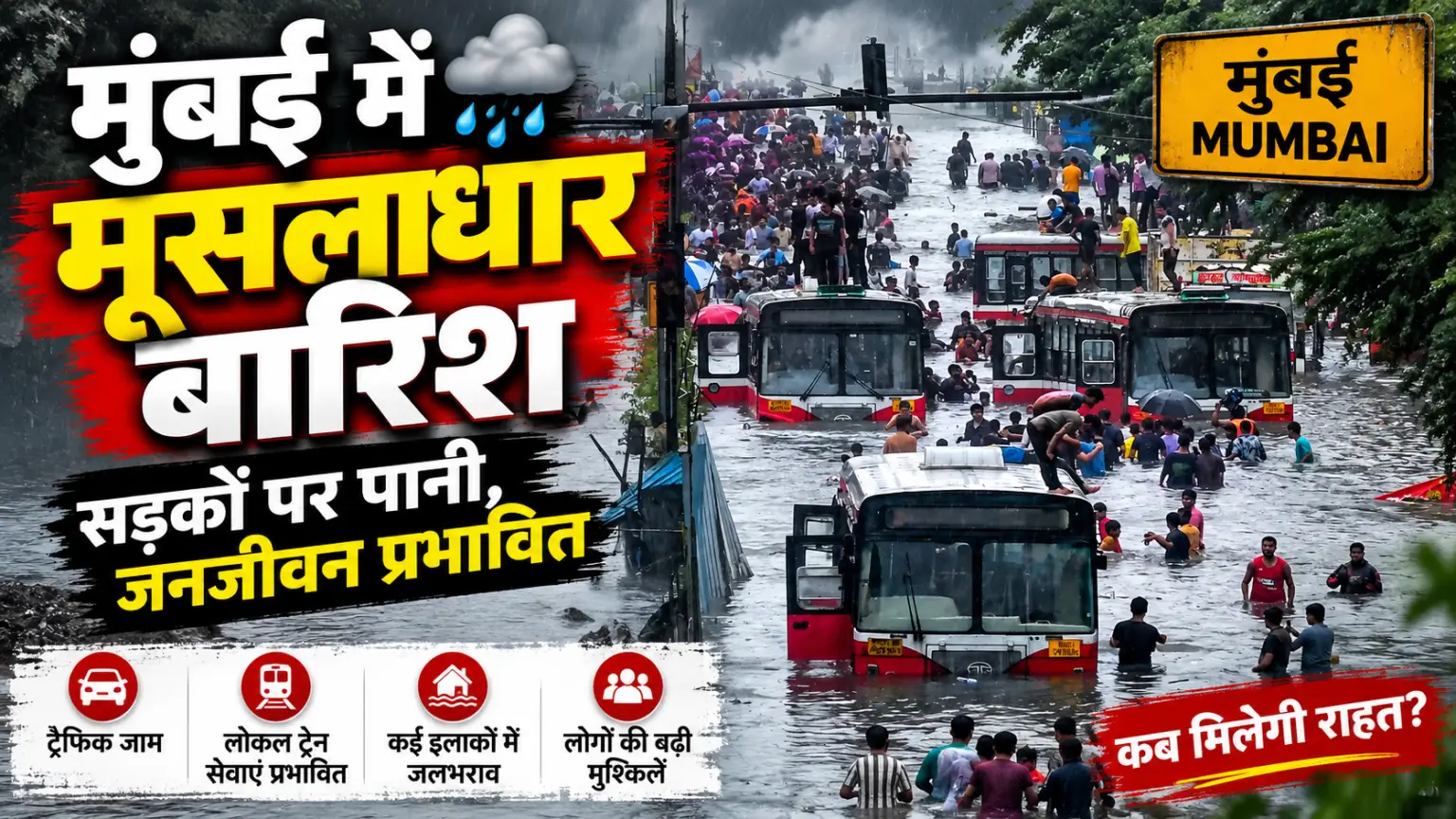 मुंबई में मूसलाधार बारिश, सड़कों से लेकर रेल सेवाएं प्रभावित